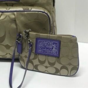 COACH Signature Khaki Brown & Purple Wristlet…